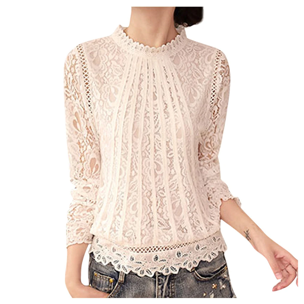 CHAMSGEND Lace Sexy Blouses Women Fashion Crochet Flower Blouses Elegant Loose Long Sleeve Tops Female Ladies 1030