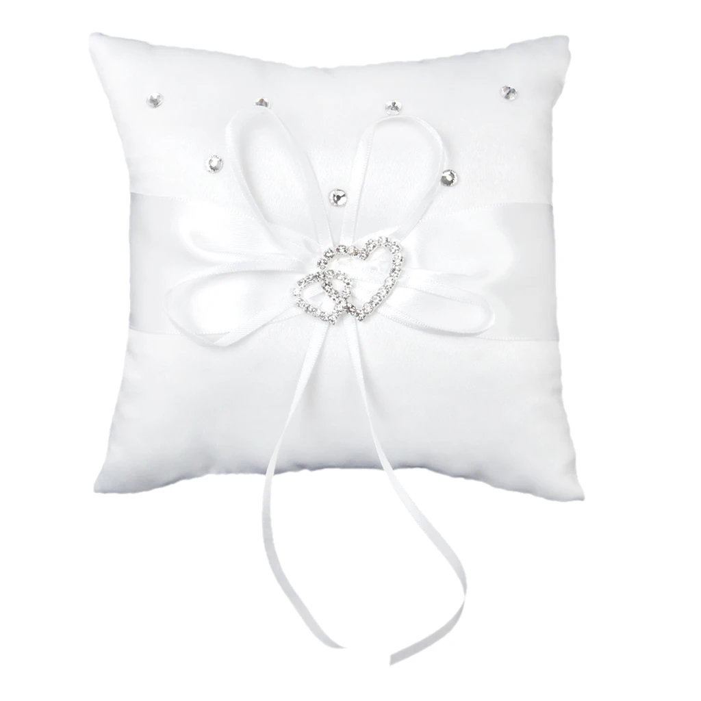 White Lace Embellished Double Heart Crystal Rhinestone Wedding Ring Pillow