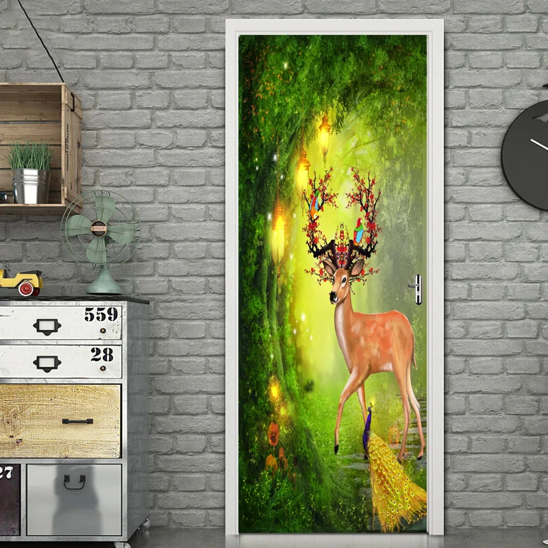 

3D Renovation Decal Self Adhesive Elk Peacock Forest Landscape Picture DIY Home Decoration Waterproof Print Artwork Door Sticker