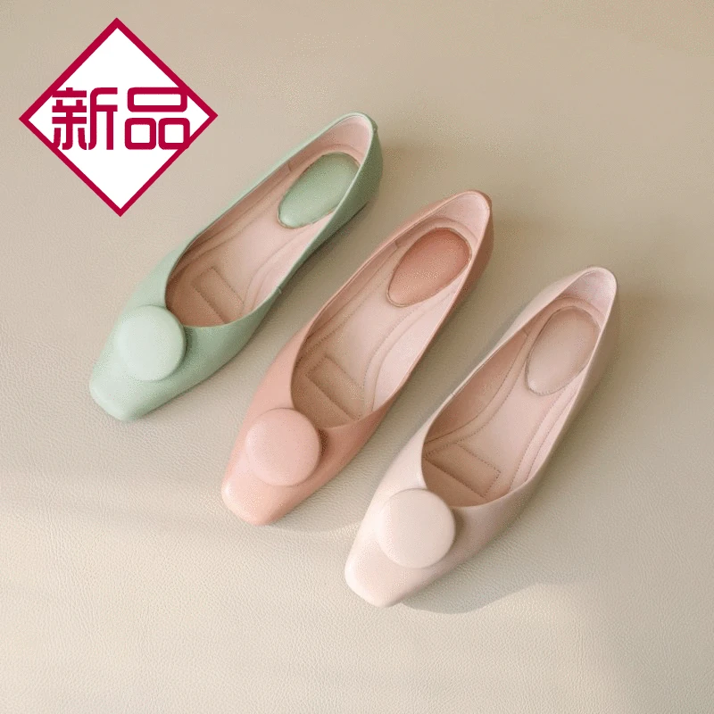 

2020 Spring New Style Low Heel Shoes Women's Genuine Leather Square Head Low-Cut Moccosins Loafers Sheepskin