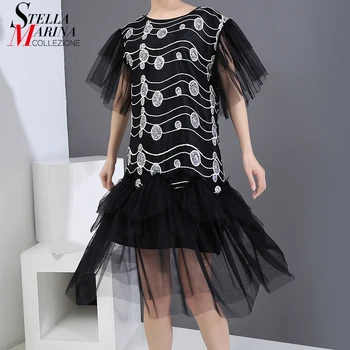 

New 2020 Korean Style Women Summer Casual Black Printed Dress Mesh Hem O Neck Ladies Stylish Straight Cute Dress Robe Femme 6194