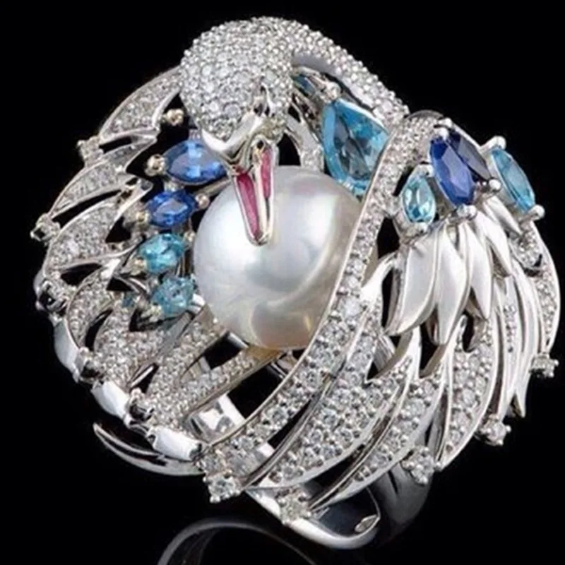 fashion Luxury Vintage White Swan Pearl Wedding Ring Engagement Rings for Women Girl Party Gift Female Anel Bijoux Boho Jewelry | Украшения