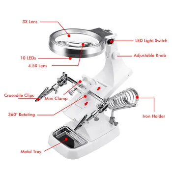 

10LED Helping Hand Magnifying Soldering Iron Stand Lens Magnifier Clamp W/Clip Soldering Iron Magnifier 2020