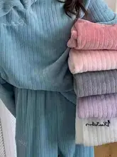 Fall/Winter New Ladies Flannel Vertical Stripes Simple Wind Thickening Loose Comfortable Warm Outer Wear Home Service Suits