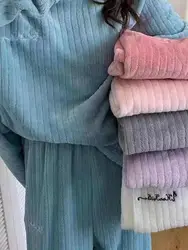 Fall/Winter New Ladies Flannel Vertical Stripes Simple Wind Thickening Loose Comfortable Warm Outer Wear Home Service Suits