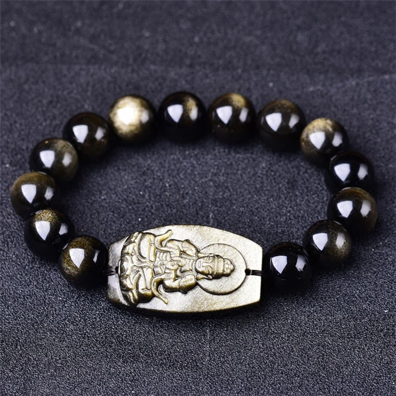 

Natural Obsidian Gold Bracelets For Women 8-16mm Patron Saint Round Beads Bracelet Men Lucky Jewelry New Charms pulsera hombre
