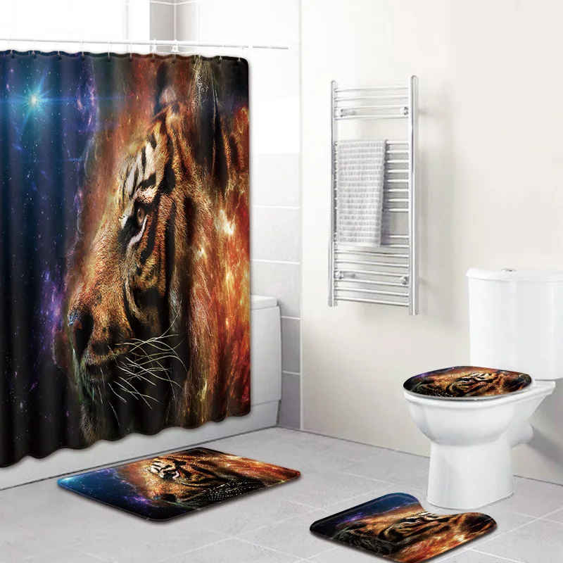 tiger Print Shower Curtain 4 Piece Carpet Cover Toilet Cover Bath Mat Pad Set Bathroom Curtain 12 Hooks