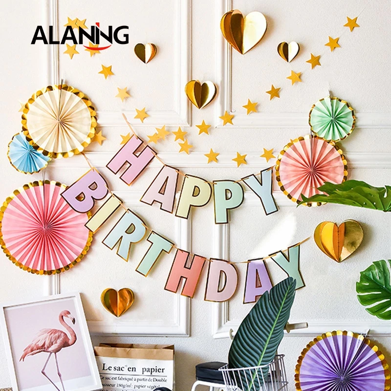 ハッピーバースデーバナーキャンディーパステル花輪ホオジロ誕生日パステルパーティーの装飾ブロンズ英語文字の装飾 Banners Streamers Confetti Aliexpress