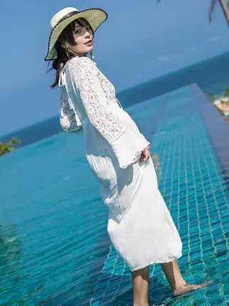 TEELYNN пляжное платье с длинным рукавом винтажное Кружевное белое Летнее платье сексуальное длинное женское платье с глубоким v-образным вырезом boho Bohemia vestidos