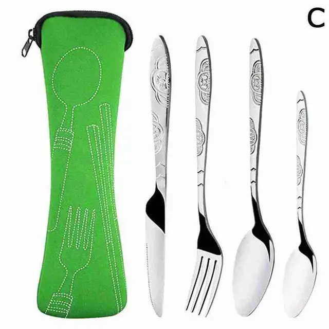 4pcs Steel Knifes Fork Spoon Family Travel Camping Cutlery Eyefuldiving Bag Picnic Steak Steel Cutlery Set green
