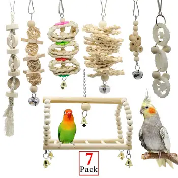 

7PCS/Set Bird Parrot Toys Wooden Swing Chewing Hanging Bell Bird Cage Accessories For Parakeets Cockatiels Conures Finches
