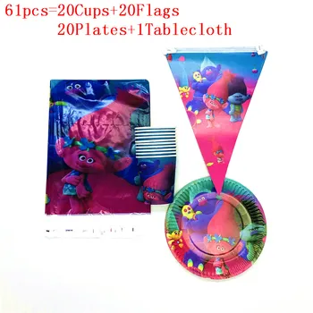 

Cartoon Trolls Theme 61Pcs/31Pcs Event Party Paper Banner Friend Girl Birthday Party 20 Cup 20 Plate 20 Flag 1Tablecover Supply