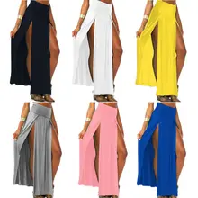 Женская высокая талия сексуальная с двумя вырезами спереди открытая трикотажная Макси Длинная юбка однотонная плиссированная Асимметричная Подол пляжная одежда бикини крышка