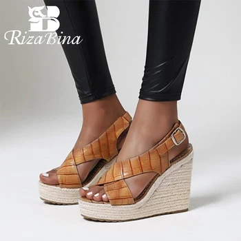 

RIZABINA Summer Women Sandals Shoes Fashion Metal Buckle Stone Pattern Shoes Women Designer Solid Heels Lady Footwear Size 34-43