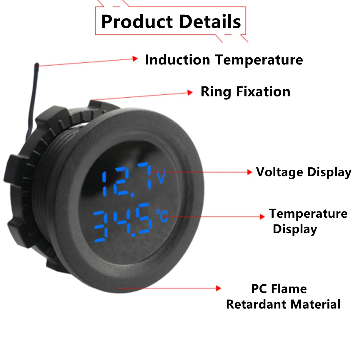 Digital Voltmeter 12-24V Car Round Temperature Voltmeter Auto Voltage Test Display Digital Measurement for Car Motorcycle Boat Yacht Voltmeter