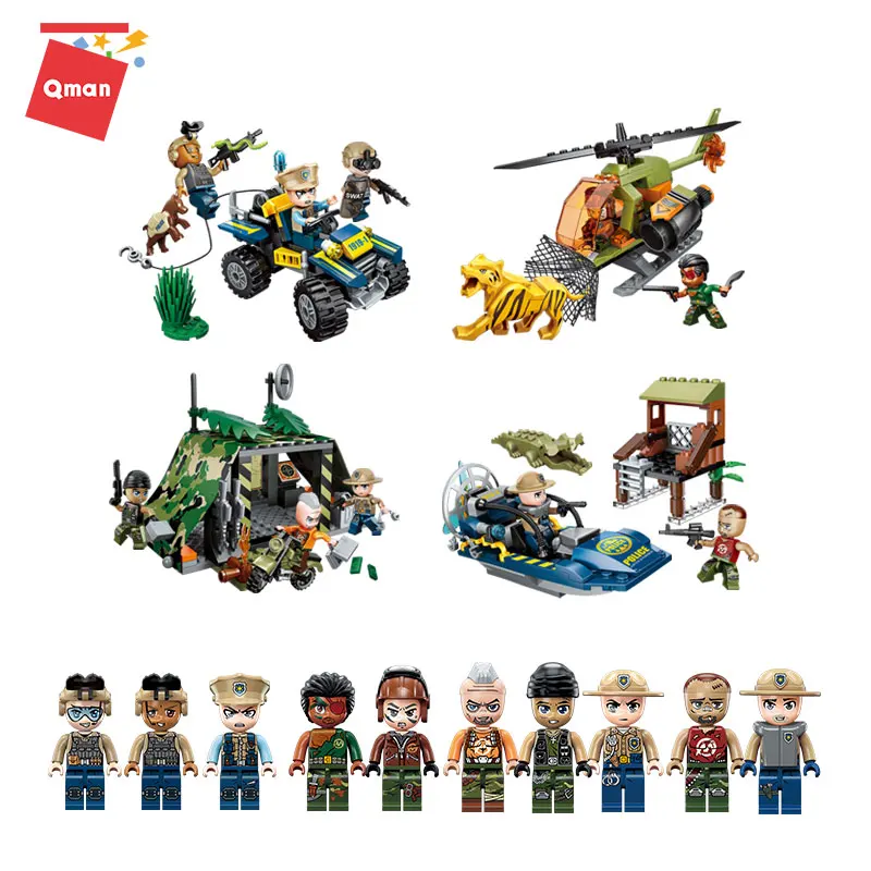 

QMAN Field action Building Blocks creator Cross-country Move Fortress Helicopter Small Grain Assembling DIY Toys For Children