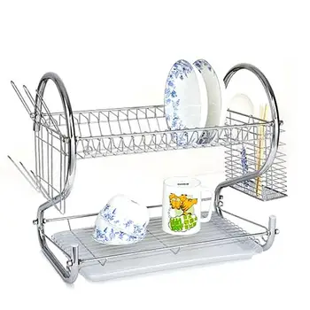 

Multi-functional Double Layer Kitchen Metal Dish Drying Rack Shelf Holder Organizer (Silver)