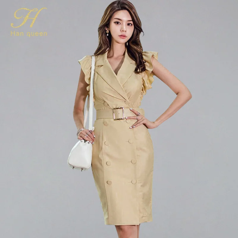 

H Han Queen Notched Neck Suits Dress Women 2019 Summer OL Office Wear Pencil Bodycon Dresses Striped Sheath Formal Work Vestidos