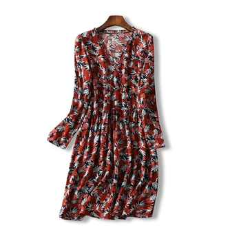 

Women Dress 2020 Early Spring New Printed Viscose Cross-Neck Fungus Decoration Loose Straight Long Sleeve Dress