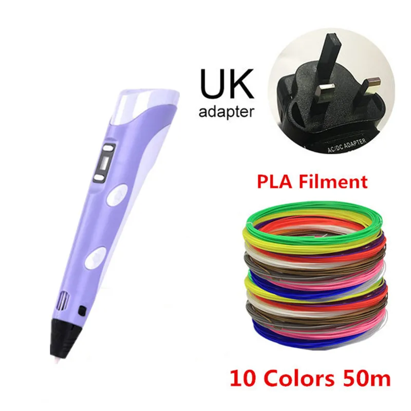 3D Ручка, 3D принтер для рисования, ручка для детей, USB зарядка, 1,75 мм, PLA нити для заправки, 20 цветов, ЖК-дисплей, 3D Ручка для рисования - Цвет: UK PURPLE 50M