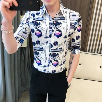 

High Quality Men Shirt Half Sleeve Streetwear Designer Print Casual Shirts Slim Fit Nightclub Party Tuxedo Blouse Homme 2020