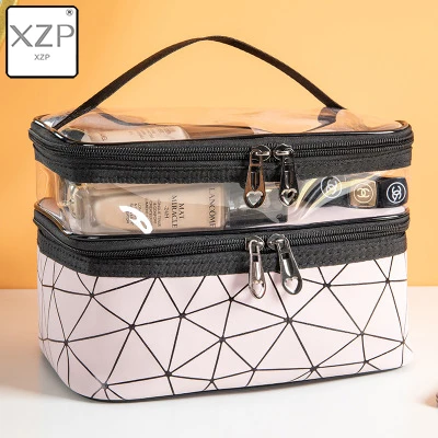 Розовый XZP, Женский двойной слой косметики, сумка, ПУ кожа, органайзер для макияжа, сумки для путешествий, водонепроницаемый, для Хранения Туалетных принадлежностей, сумочка, красота, макияж, чехлы, коробка - Цвет: Розовый