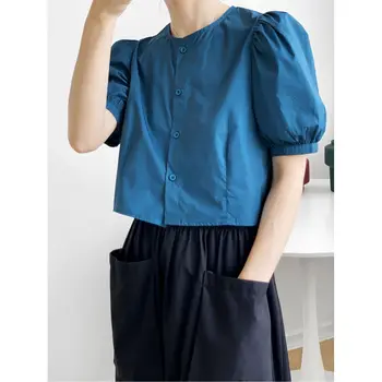 

2020 New Style Solid Color Single Breasted Puff Sleeve Cute O Neck Shirts Women Blouses Crop Tops Ladies Korean Fashion Clothing