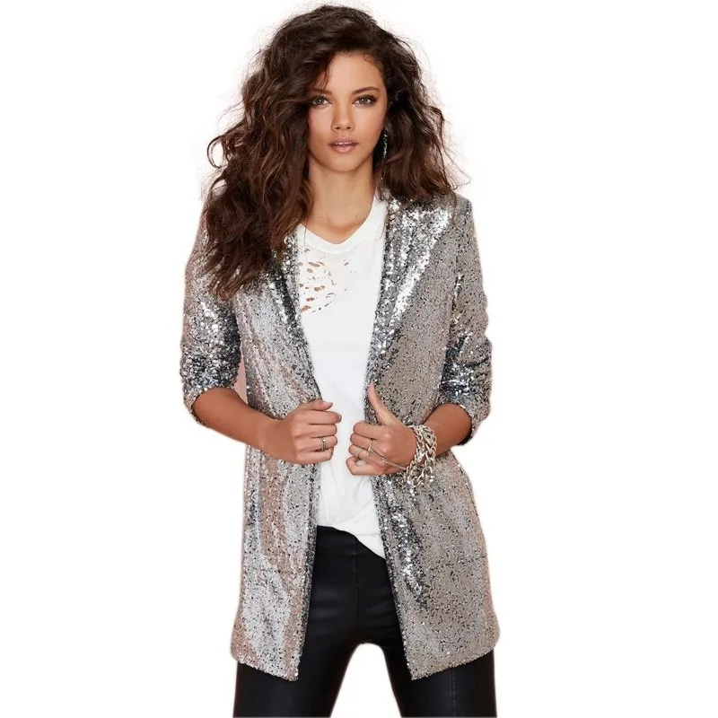 #5203 Spring 2023 Sequin Blazers Jacket Gold Silver Black Elegant Suit Coat Long Sleeved Night Club Shiny Blazer Women Cardigan soda shiny top coat sparklethedayaway сияющий топ коат для губ