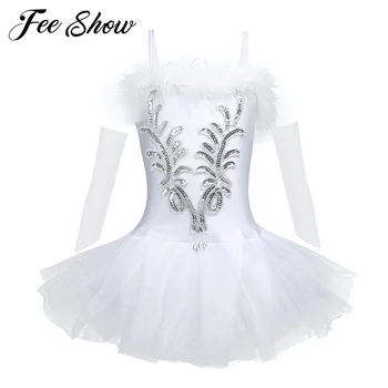 

Girls White Swan Dance Dress Child Sequined Beads Flowers Ballet Tutu Leotard Dress Princess Kids Stage Dance Costume
