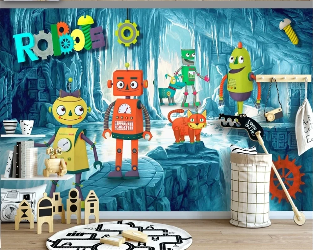 

Custom 3D Photo Wallpaper Mural Cartoon Sci-Fi Planet Adventure Robot Alien Children's Room Background Wall