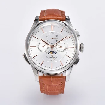 

Parnis 45mm White Dial Men's Dress Watch Rose Golden Hand Moon Phase Automatic Movement Date Display Mechanical Relogio