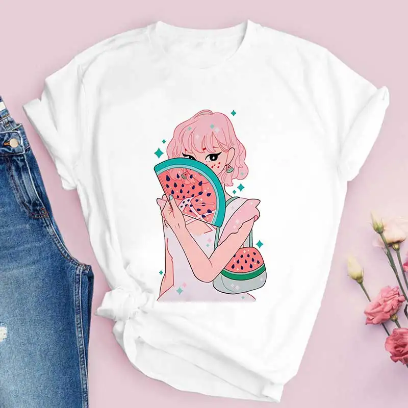 Strawberry Juice Graphic Print T-shirt Women Harajuku Aesthetic White Tops Tshirt Tee 2021 New Summer Fashion Y2k Female T Shirt vintage graphic tees Tees