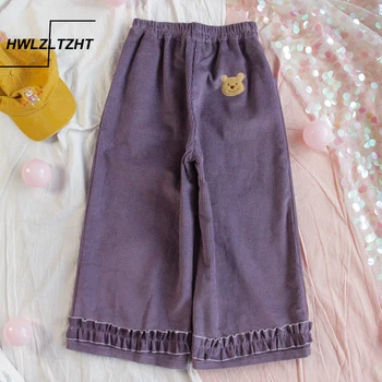 

Japanese Fall Winter Women Lolita Style Pants Purple Khaki Corduroy Wide Leg Pants Preppy School Girl Cute Kawaii Ruffles Capris