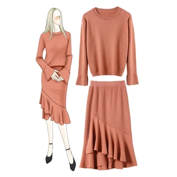 

Winter Fashion Knitting 2019 Korean Suit New Nail Bead Sweater Tops And Matching Fishtail Ruffles Skirt 2 Piece Set Women