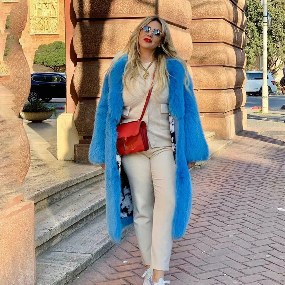 Fashion Blue Color Genuine Fox Fur Coat With Turn-down Collar Winter New Women's Real Fox Fur Coats Natural Fur Overcoats 2022