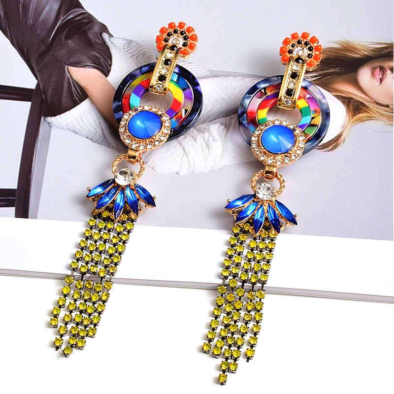 Statement Colorful Crystals Long Earring Highend Fashion Trend Drop