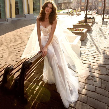 

Eightree Boho Wedding Dresses A-Line Flowers Appliques vestido de noiva Spaghetti Straps Bride Dress Beach Wedding Gowns Dress