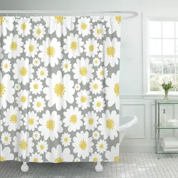 

Yellow Pattern White Daisies on Grey Daisy Field Flower Shower Curtain Waterproof Polyester Fabric 72 x 78 Inches Set with Hooks