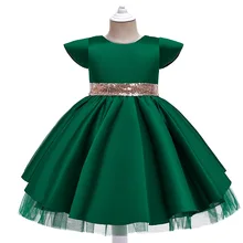 Flower Girl Wedding Banquet Satin Green Sequins Dress For Elegant Open Back Birthday Party Dress Pageant Ball Gown Formal Dress