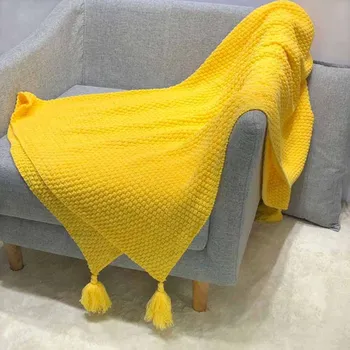 

Solid Yellow Knitted Blankets For Beds Sofa Acrylic Crocheted Throw Blankets For Baby Kids Adults Bedspread Office Nap Blanket