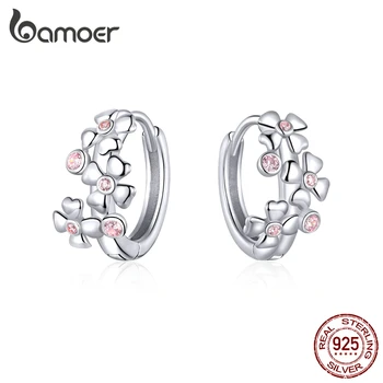 

bamoer Sterling Silver 925 Pink Cherry Blossoming Hoop Earrings for Women Valentine Girl Gifts Wedding Statement Jewelry BSE345