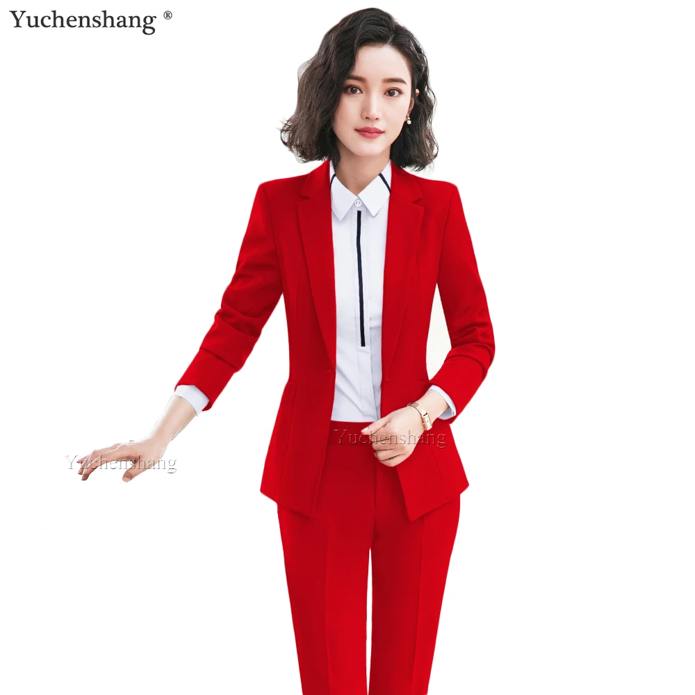 Red-Black-Blue-Women-Formal-Blazer-and-Pant-Suit-With-Slanted-Pockets ...