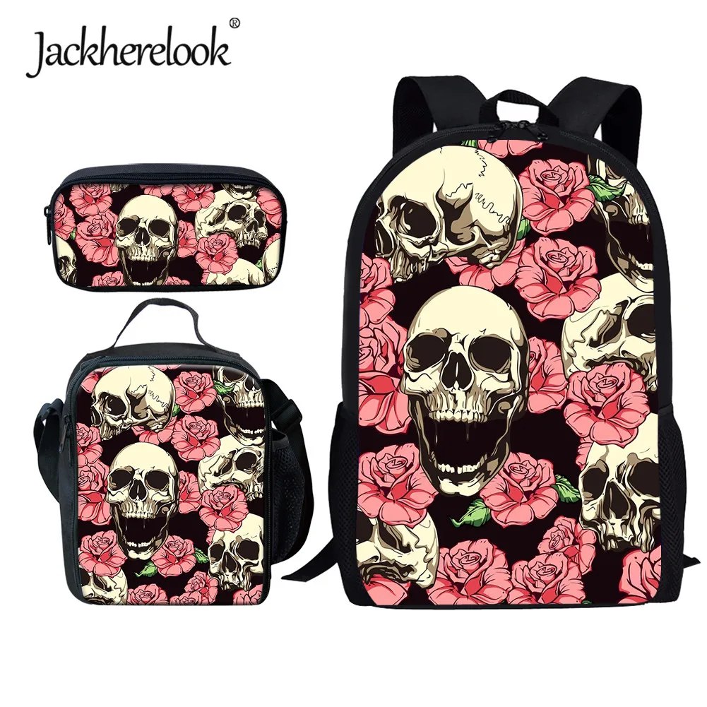 jackherelook-divertente-skull-rose-design-adolescenti-sacchetti-di-scuola-3-pz-set-studente-durevole-grande-bookbag-ragazze-campus-zaino-mochila