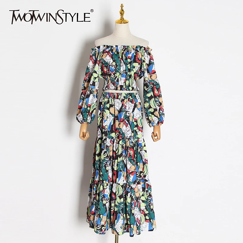 

TWOTWINSTYLE Print Hit Color Two Piece Set Women Slash Neck Lantern Sleeve Short Tops High Waist Maxi Skirt Suit Female 2020 New