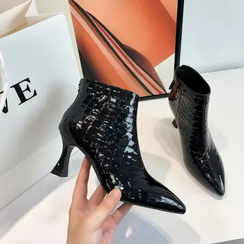 

2020Europe and America Womne's High Heeled Ankle Boots Autumn Shoes Female Snake Pattern Patent Leather Short Boot Black Brown