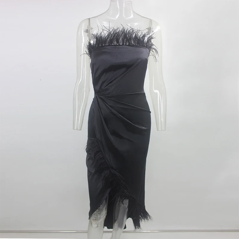 Tobinoone/блестящие вечерние платья с перьями, с открытыми плечами, облегающее, с разрезом, длинное платье без бретелек, элегантное платье макси, черное, белое, розовое