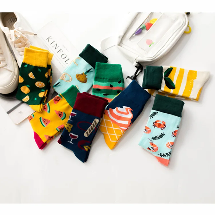 Cute Cartoon Fruit Print Watermelon cantaloupe shrimp Girls Kawaii Socks meias Korean Harajuku Embroidery Pile Heap Funny Socks