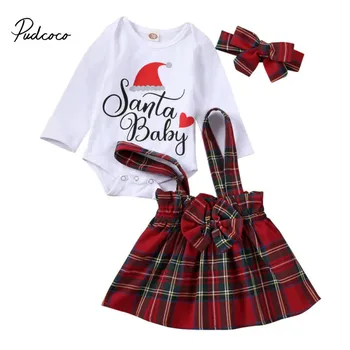 

Pudcoco Christmas Clothes Set Santa Baby Long Sleeve Romper 1st Birthday Tutu Fancy Party Strap Dress Red Plaid Skirts Outfits