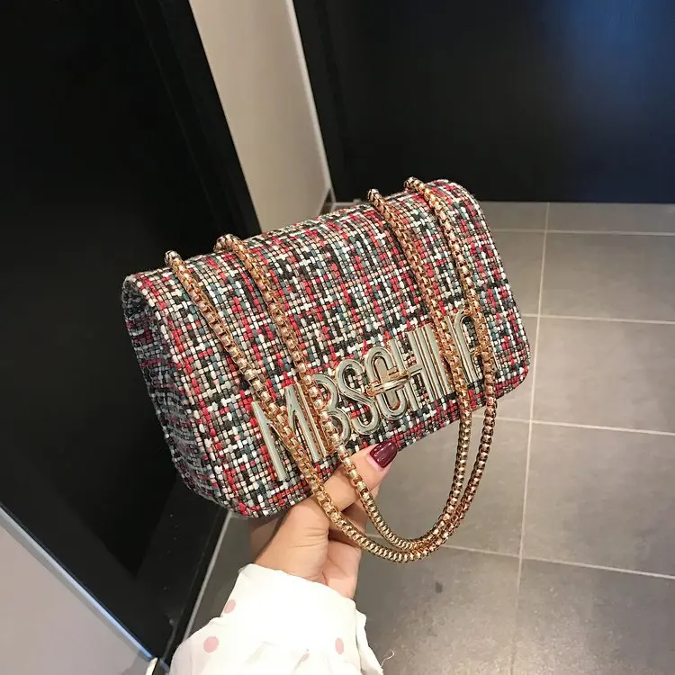 

2018 New Style WOMEN'S Fashion Handbag Simple Korean-style Woolen Cloth Pattern Chain Square Sling Bag WOMEN'S Shoulder Bag