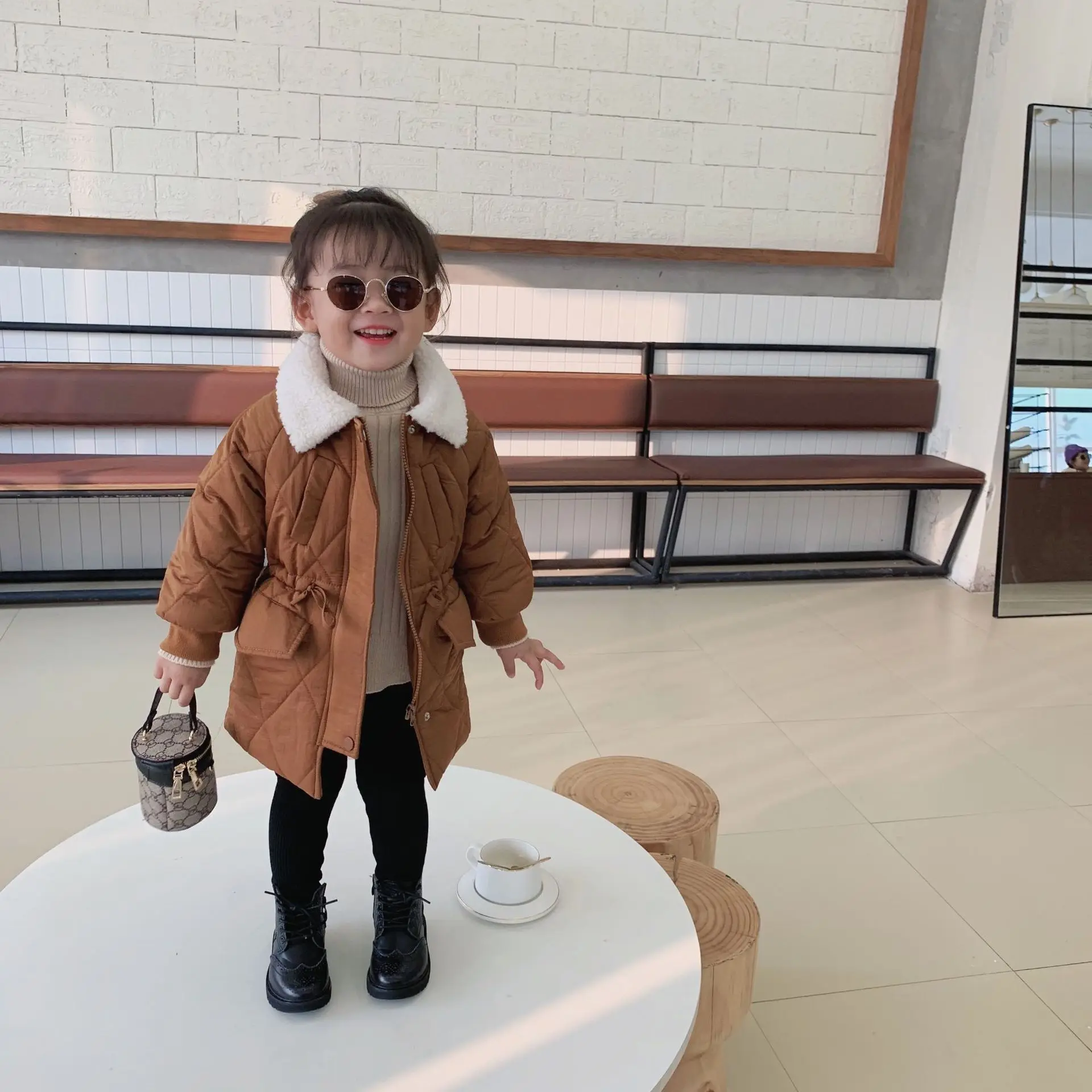 

Winter New Arrival korean style cotton pure color fashion thickened cotton long jacket with fur collar for cute sweet girls